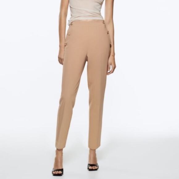 ZARA High Waist Straight Leg Pants Trousers Gold Buttons Tan Size M - Picture 1 of 5